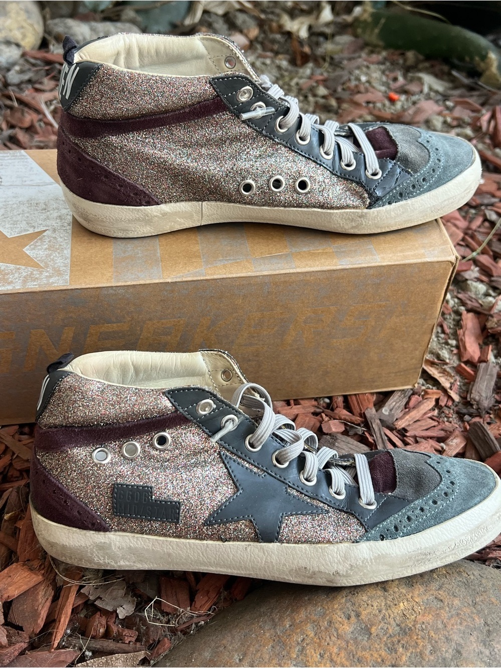 EUC Golden Goose Midstars 37 maroon, blue suede and glitter